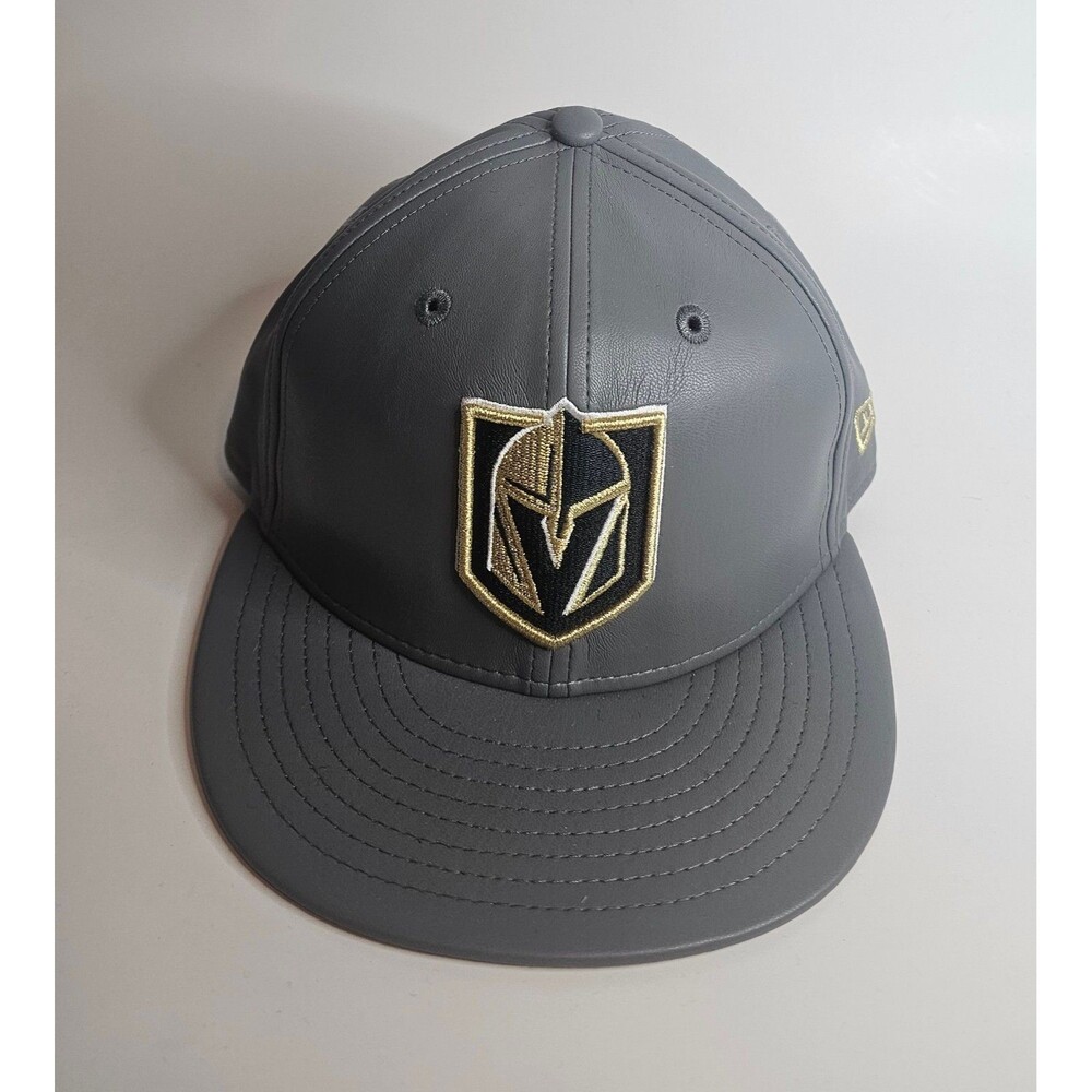 Vegas Golden Knights NHL Hockey New Era Fitted Hat Sz 7 Faux Leather Cap Grey LV